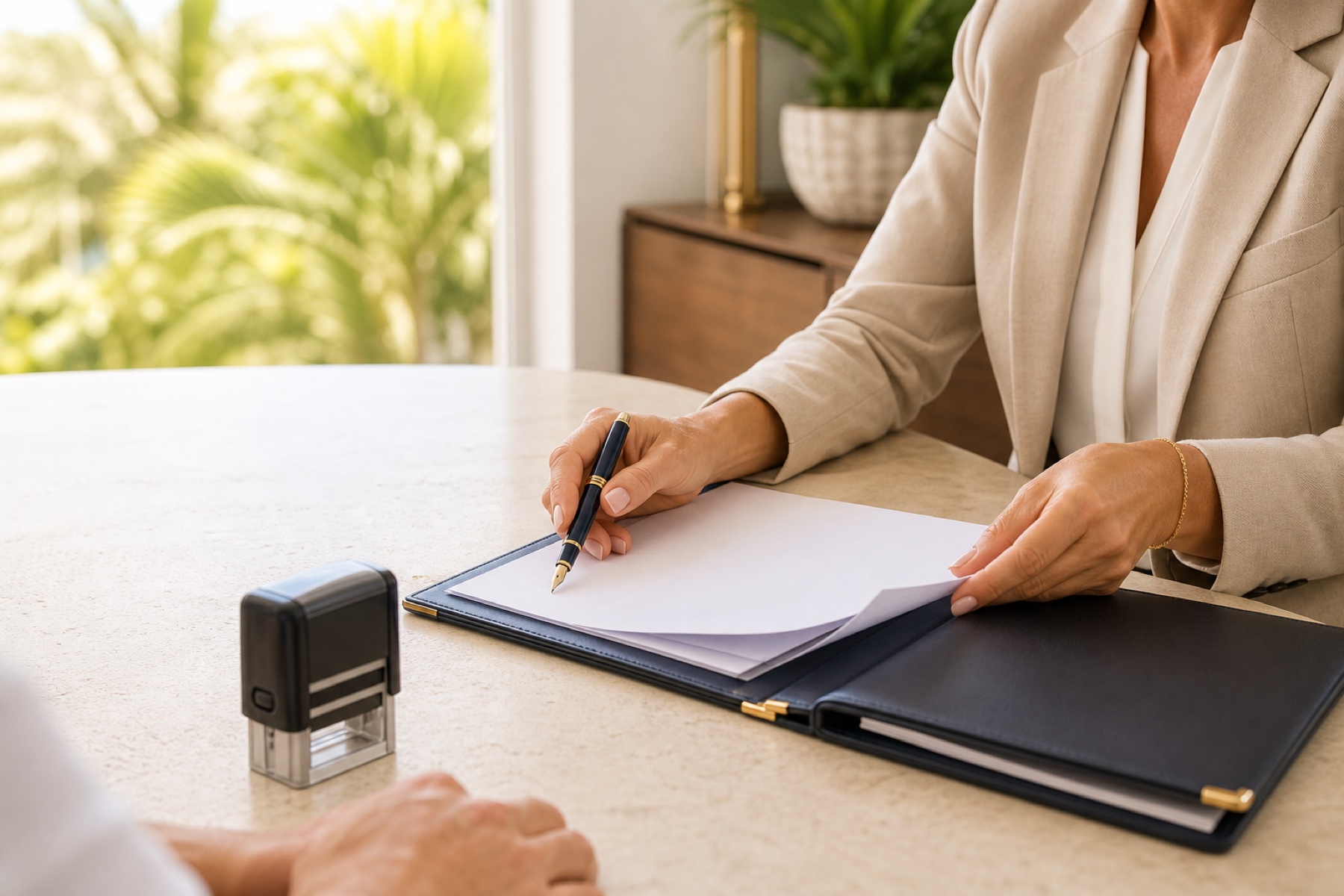 Mobile notary arranging documents at a South Florida appointment